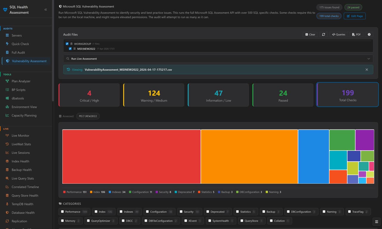 Vulnerability Assessment — Microsoft SQL Assessment API with 472+ checks