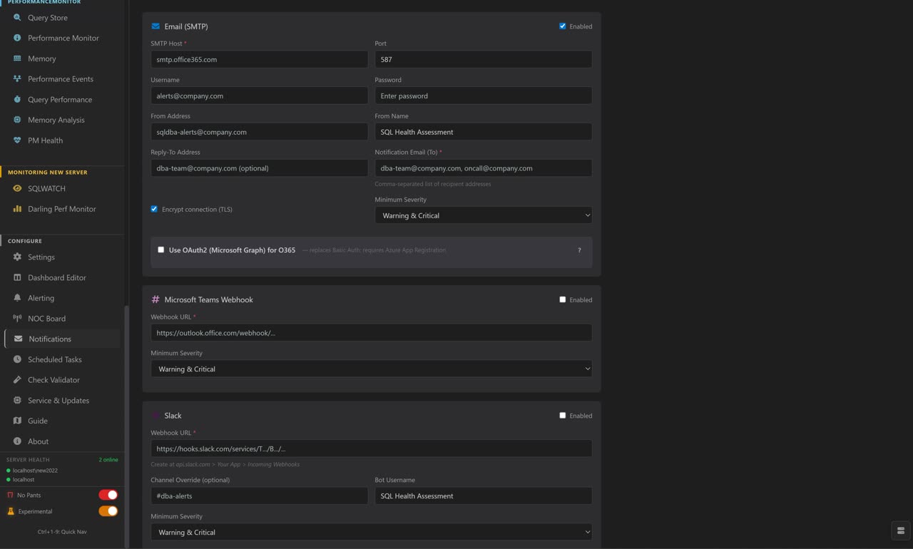 Notification Channels — Email, Teams, Slack, PagerDuty, ServiceNow, Webhooks, WhatsApp